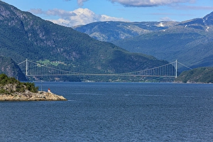 Jolly Sienda Prints: Eidfjord, Norway. Hardanger Bridge and lighthouse
