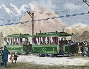 Bell Prints: Electric streetcar. Nineteenth-century colored engraving