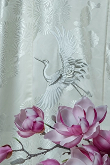 Fabric Prints: Embroidered silk wedding kimono in store window, Shibuya, Tokyo, Japan