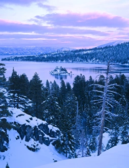 Emerald Bay Prints: EMERALD BAY STATE PARK, CALIFORNIA. USA. Emerald Bay in winter at dusk. Lake Tahoe