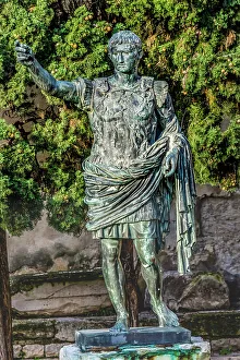 Emperor Augustus statue Augusta Porte, Nimes, Gard, France. Original Nimes gate 16 BC, 1863. Replica Augustus statue located here