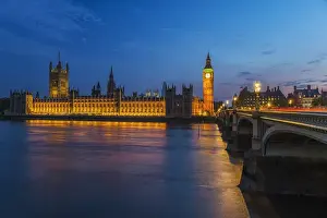 Thames River Prints: England, London. Parliament and Westminster Bridge at twilight