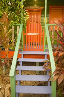Images Dated 12th November 2006: Entrance to beach house painted in bright colors, Placencia, Stann Creek District, Belize