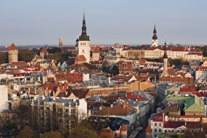 Baltic State Prints: Estonia, Tallinn, elevated view of Old Town from the east, sunrise
