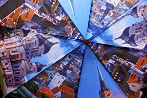 Estonia, Tallinn. Open umbrella showing city scenes in Tallinn