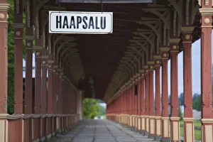 Images Dated 8th June 2010: Estonia, Western Estonia, Haapsalu, town sign at train station