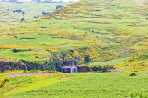 Brook Prints: Ethiopia. Amhara. North Gondar. Small waterfall and wildflowers in the hills of Ethiopia
