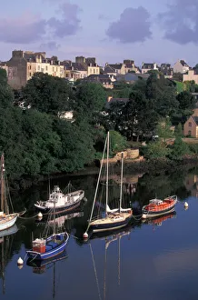 EU, France, Brittany, Finistere, Douarnenez. Port Rhu Floating Museum from Grand Pont