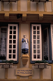 Figurine Prints: EU, France, Brittany, Finistere, Quimper. Rue Kereon, Building details and statue