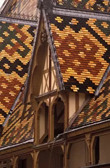 EU, France, Burgundy, Cote d Or, Beaune. Tiled roofs of the Hotel Dieu