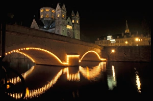 Evening Light Prints: EU, France, Metz. Illuminated bridge and church