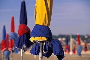 Normandy Prints: EU, France, Normandy, Calvados, Deauville. Promenade des Planches Beach, Beach Umbrellas