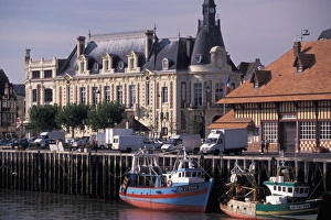 EU, France, Normandy, Calvados, Trouville-Sur-Mer. Riverfront and Hotel de Ville