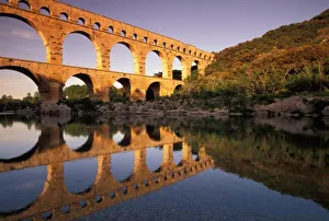 Aqueduct Prints: EU, France, Provence, Gard, Pont du Gard. Roman aqueduct / bridge in sunset light