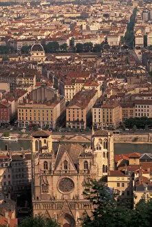EU, France, Rhone Valley, Vallee du Rhone, Lyon. Cathedrale St. Jean and city