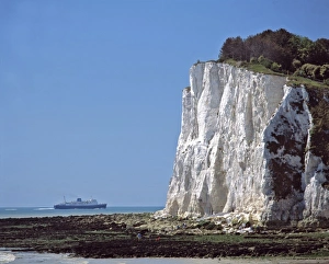 Chalk Prints: EU33 RER0071 Europe, England, Dover. A passenger ship sails by the White Cliffs