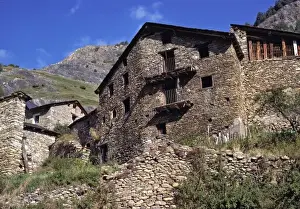 Hill Side Prints: Europe, Andorra. Crumbling stone walls dot the hillsides in Andorra