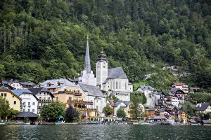 Hallstatt Prints: Europe, Austria, Hallstatt, Town of Hallstatt as seen from Lake Hallstatt which is part