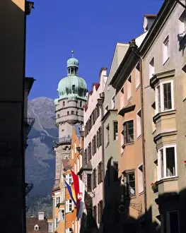 Innsbruck Prints: Europe, Austria, Innsbruck. The Belfry on Maria-Theresienstrasse, in Innsbruck, Austria