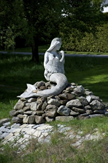 River Bank Prints: Europe, Austria, Jochenstein, Rock of Jochenstein, mermaid statue along Danube River