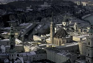 Europe, Austria, Salzburg. City view with Dom (Cathedral) from Festung Hohensalzburg