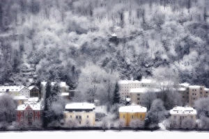Austria Collection: Europe, Austria, Salzburg. Dreamlike view of residences and snow-covered trees on hillside