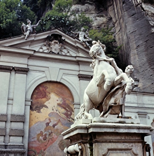 Salzburg Prints: Europe, Austria, Salzburg. The Marstallschwemme, or Horse Pond, affronts a marble