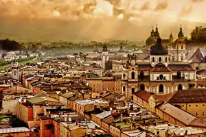 Steeple Prints: Europe, Austria, Salzburg, Morning fog lifts over Salzburg, home of Mozart and one