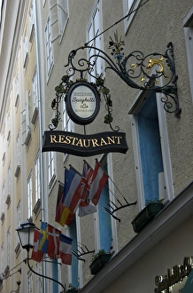 Images Dated 28th April 2009: Europe, Austria, Salzburg Stadt, Salzburg, Spaghetti & Co. sign on Getreidegasse