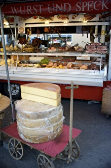 Images Dated 28th April 2009: Europe, Austria, Salzburg Stadt, Salzburg, outdoor market selling meat, cheese