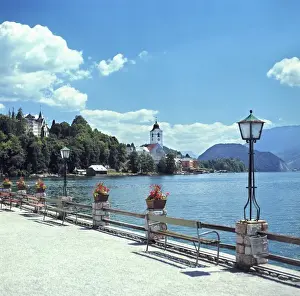 Promenade Prints: Europe, Austria, St. Wolfgang. The sun brightens the promenade at St