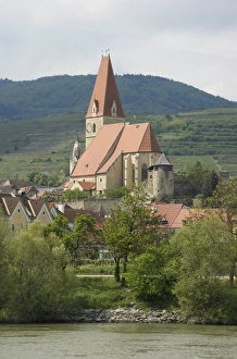 River Bank Prints: Europe, Austria, Upper Austria, Vocklabruck, Weibenkirchen, town along the Danube River
