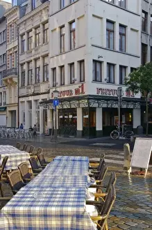 Flanders Prints: Europe, Belgium, Antwerp. Cafe tables in the sun in an Antwerp square, Number 1 French