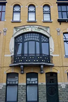 Flanders Prints: Europe, Belgium, Antwerp. An ornate Art Nouveau facade in Antwerps historic