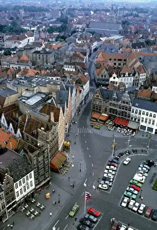Brugge Prints: Europe, Belgium, Brugge. Rooftops and roads are all in view from the Tower in Brugge