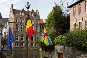 Europe, Belgium, Brugges. Flags in Brugges
