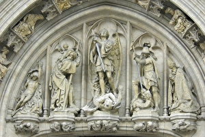 Brussels Prints: Europe, Belgium, Flanders, Brussels, detail of town hall over entry