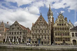 Quay Prints: Europe, Belgium, Ghent. The medieval guild houses of Ghents Graslei quay, viewed