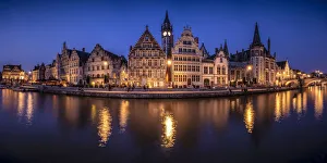 Belgium Prints: Europe, Belgium, Ghent. Panoramic of town and canal reflections at night