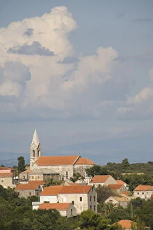 Europe, Croatia, Dalmatia, cathedral belltower dominates village on the Peljesac