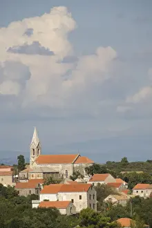 Peljesac Prints: Europe, Croatia, Dalmatia, cathedral belltower dominates village on the Peljesac