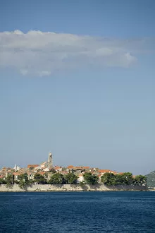 Europe, Croatia, Dalmatia, Korcula Island, Korcula town. View of town from Adriatic Sea