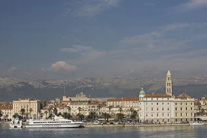 Europe, Croatia, Dalmatia, Split. Waterfront promenade (known as the Riva), and ferry boat