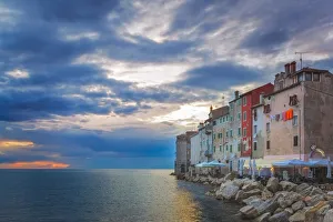 Images Dated 16th April 2012: Europe, Croatia, Rovinj. Sunset on ocean and town
