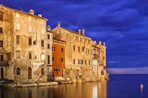 Laundry Prints: Europe, Croatia, Rovinj. Sunset on ocean and town