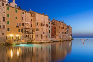 Laundry Prints: Europe, Croatia, Rovinj. Sunset on town buildings and harbor