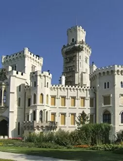 Images Dated 12th September 2006: Europe, Czech Republic, Hluboka Castle. Workers repair the main tower at Hluboka