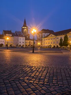 Region Prints: Europe, Czech Republic, Jicin. Twilight in the main square surrounded with recently