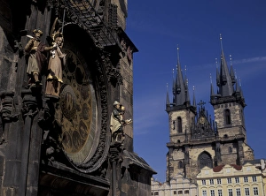 Images Dated 17th August 2004: Europe, Czech Republic, Prague. Old town hall, Tyn Church. Astronomical Clock (Medium