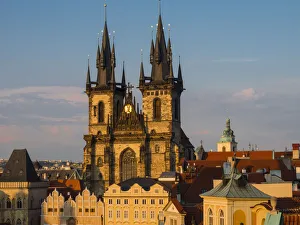 Natural World Prints: Europe, Czech Republic, Prague. Tyn Church, founded in 1385, dominates one side of